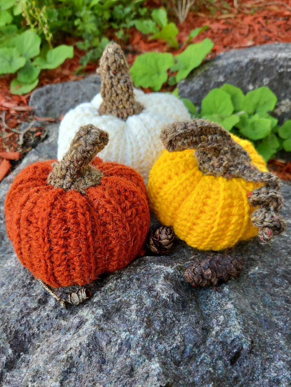 Handmade Knit Pumpkin Trio - White, Orange, Yellow |
